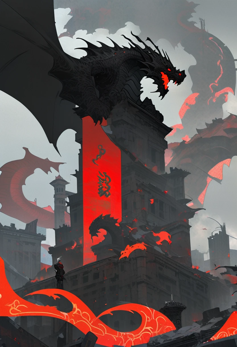 A man stands atop the ruins of a broken city, his red war flag with a dragon pattern billowing in the wind. He wears a black armor, his face twisted in a snarl of anger. The cityscape behind him is a maze of crumbling buildings and twisted metal. The sky is a deep, foreboding grey. Copy code block