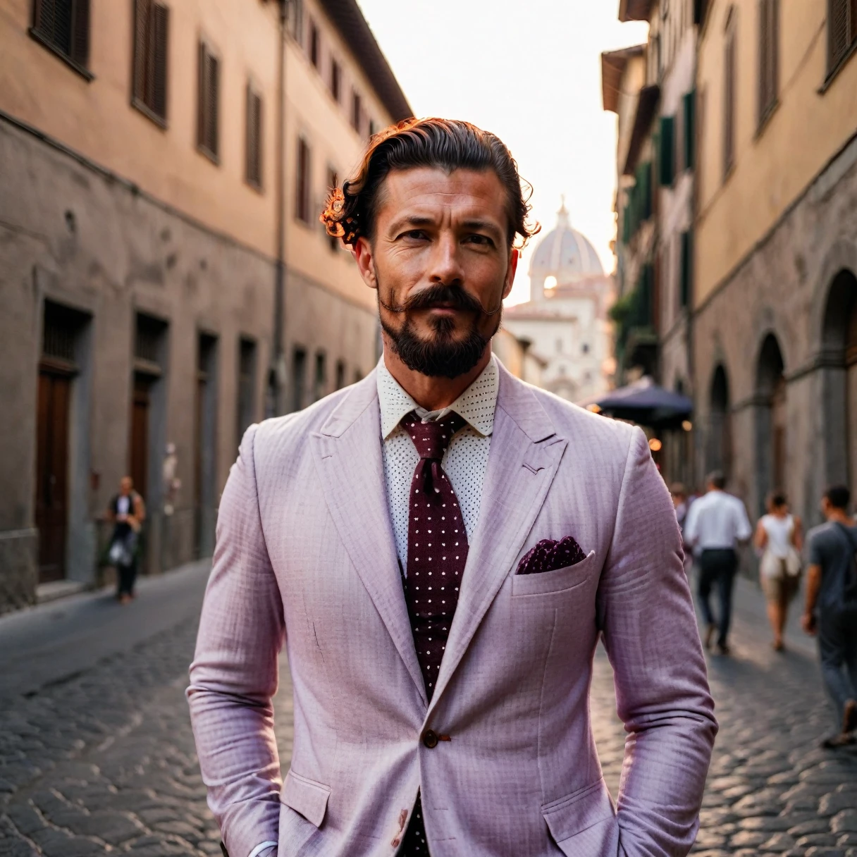 photorealistic, cinematic, raw photo, low angle shot, man, 39 years old, dark red hair, slick back hairstyle, long beard with a lush curled mustache , tattoos everywhere, wearing light lavender linen suit, white linen shirt, dark brown knitted tie with polka dot, walks the streets of Florence , summer, sunrise, happy, smiling