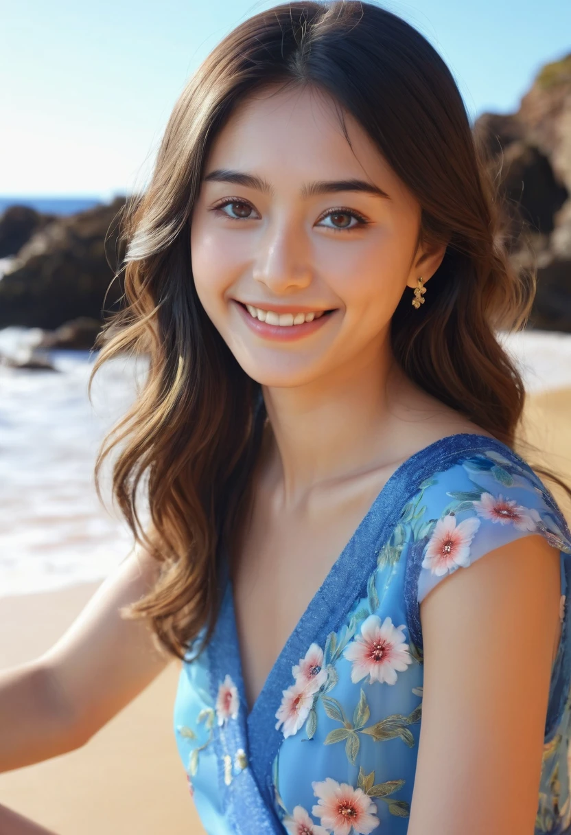 (best quality,4k,8k,highres,masterpiece:1.2),ultra-detailed,(Ultra-realistic, photorealistic,photo-realistic:1.37), 1 beautiful young Japanese Italian half model, 17yo, smiling seductively, sitting on coral coast in Australia, detailed eyes, high nose, blue eyes, delicate facial features, long eyelashes, peaceful expression, colorful dress, detailed folds and textures, Sparkling Waves, warm vibrant colors, cinematic lighting, 8k, high quality, photorealistic, masterpiece, studio lighting, detailed texture, vivid colors