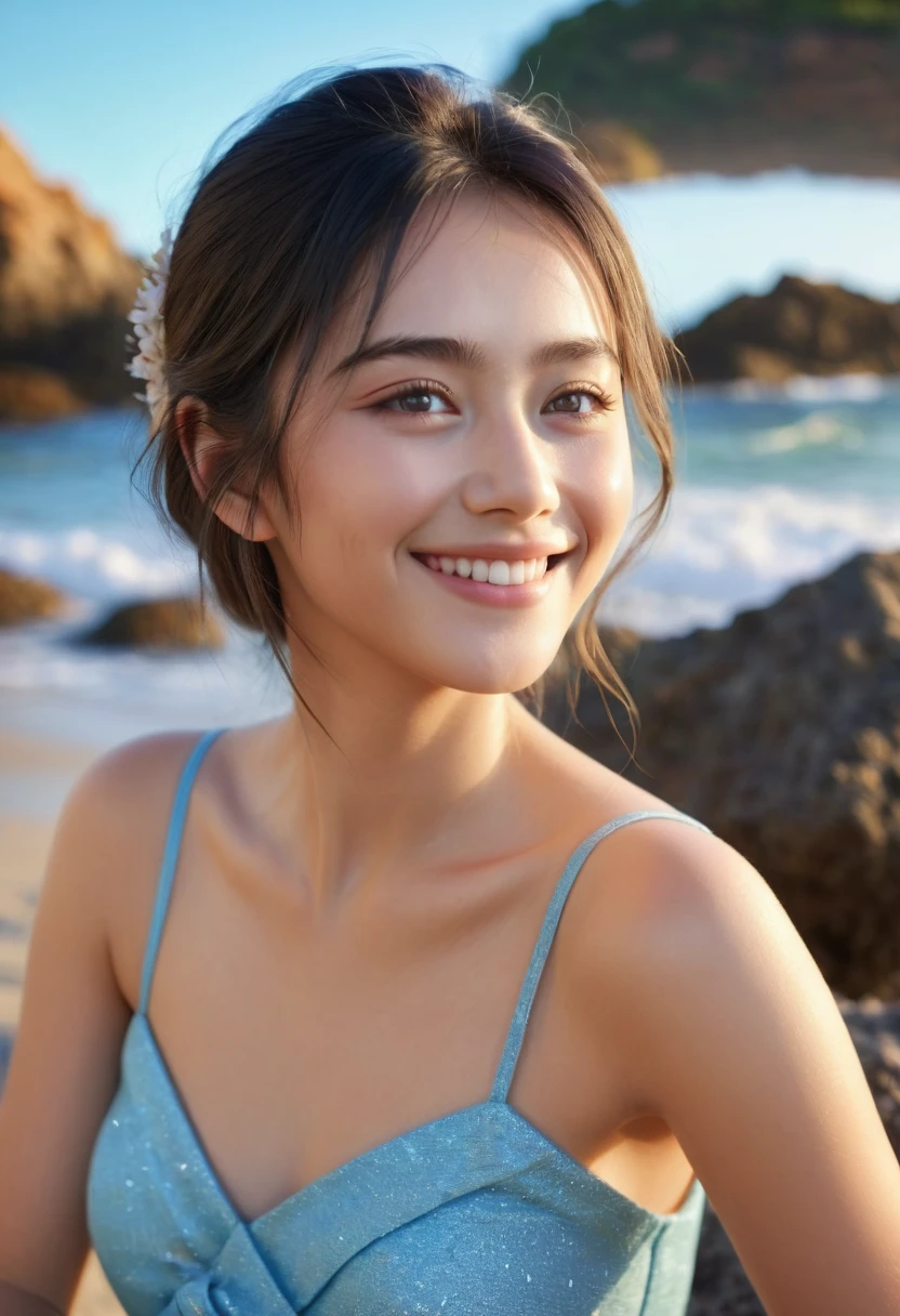 (best quality,4k,8k,highres,masterpiece:1.2),ultra-detailed,(Ultra-realistic, photorealistic,photo-realistic:1.37), 1 beautiful young Japanese Italian half model, 17yo, smiling seductively, sitting on coral coast in Australia, detailed eyes, high nose, blue eyes, delicate facial features, long eyelashes, peaceful expression, colorful dress, detailed folds and textures, Sparkling Waves, warm vibrant colors, cinematic lighting, 8k, high quality, photorealistic, masterpiece, studio lighting, detailed texture, vivid colors