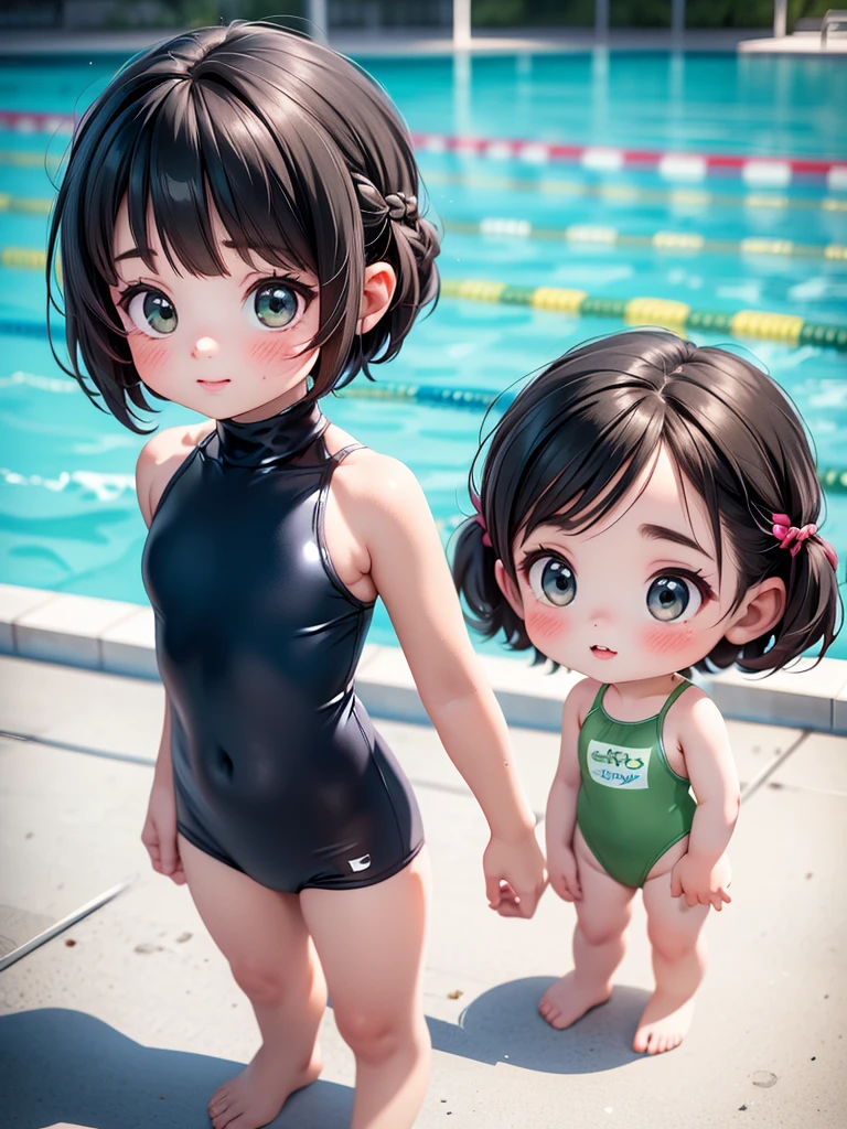 Highest quality、High resolution、Detailed Background、(Beautiful face in every detail:1.4)、Anatomically correct、(Detailed facial expressions)、(Fine grain:1.2)、Teenage Beauty、Cute hair colour、Braided bob cut、Junior competitive swimmer, ((Turtleneck one-piece swimsuit)), Clear metallic green swimsuit, Small breasts、Perfect body line、Thick thighs、((Full body shot)), View your viewers, Poolside, Wet Skin, School swimming pool、 I&#39;m tired from practice and a little sleepy., Gentle smile、Hands behind head, Fun atmosphere、Cute gestures