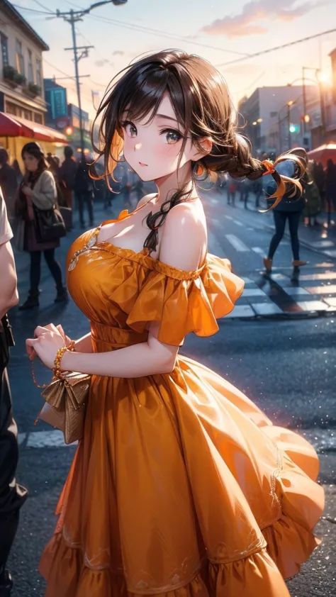 a woman posing on the street corner with orange dress on, best quality, 1 girl, big breasts, sky, bright, blurred background, bo...