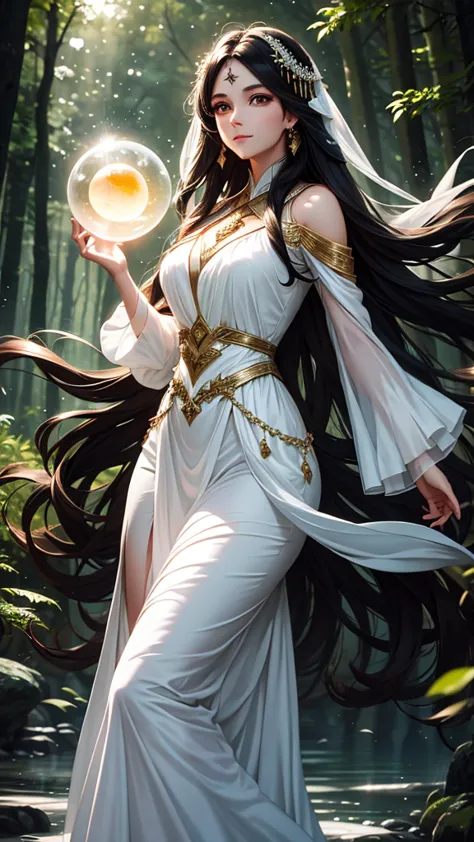 Magical woman with brown eyes and long black hair in white dress in a night forest with orb of light water element highest quali...