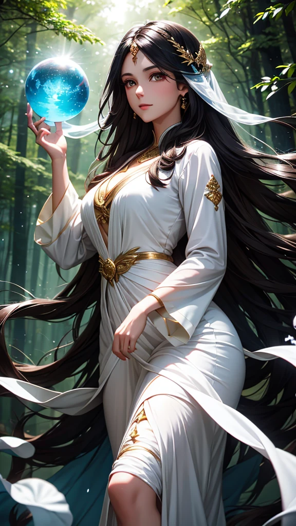 Magical woman with brown eyes and long black hair in white dress in a night forest with orb of light water element highest quality artwork 8k 