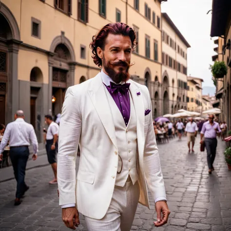 photorealistic, cinematic, raw photo, low angle shot, man, 39 years old, dark red hair, slick back hairstyle, long beard with a ...