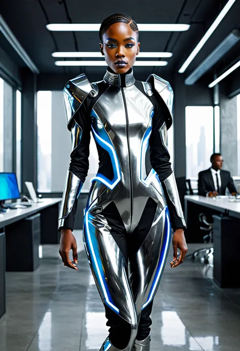 Create an image of an androgynous person wearing a futuristic suit. The suit should be made of undiscovered materials with a sle...