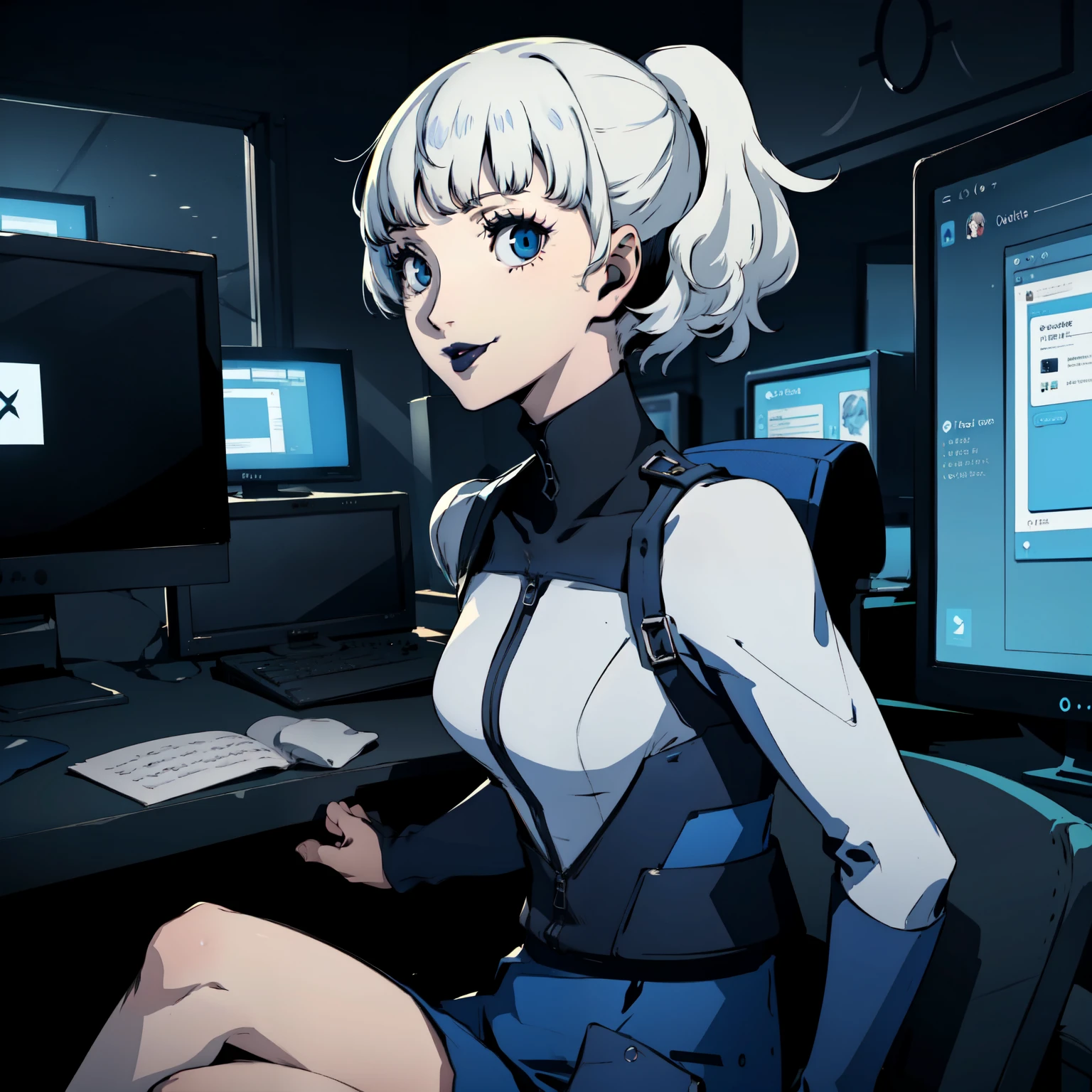 masterpiece, ((best quality)),((1 girl)), blue eyes, black lipstick, white hair, female , tomboy Pixie haircut, deep blue suit, white hair, white hair,smiling,hacker,in the,dark room,sitting,looking monitor,cute
