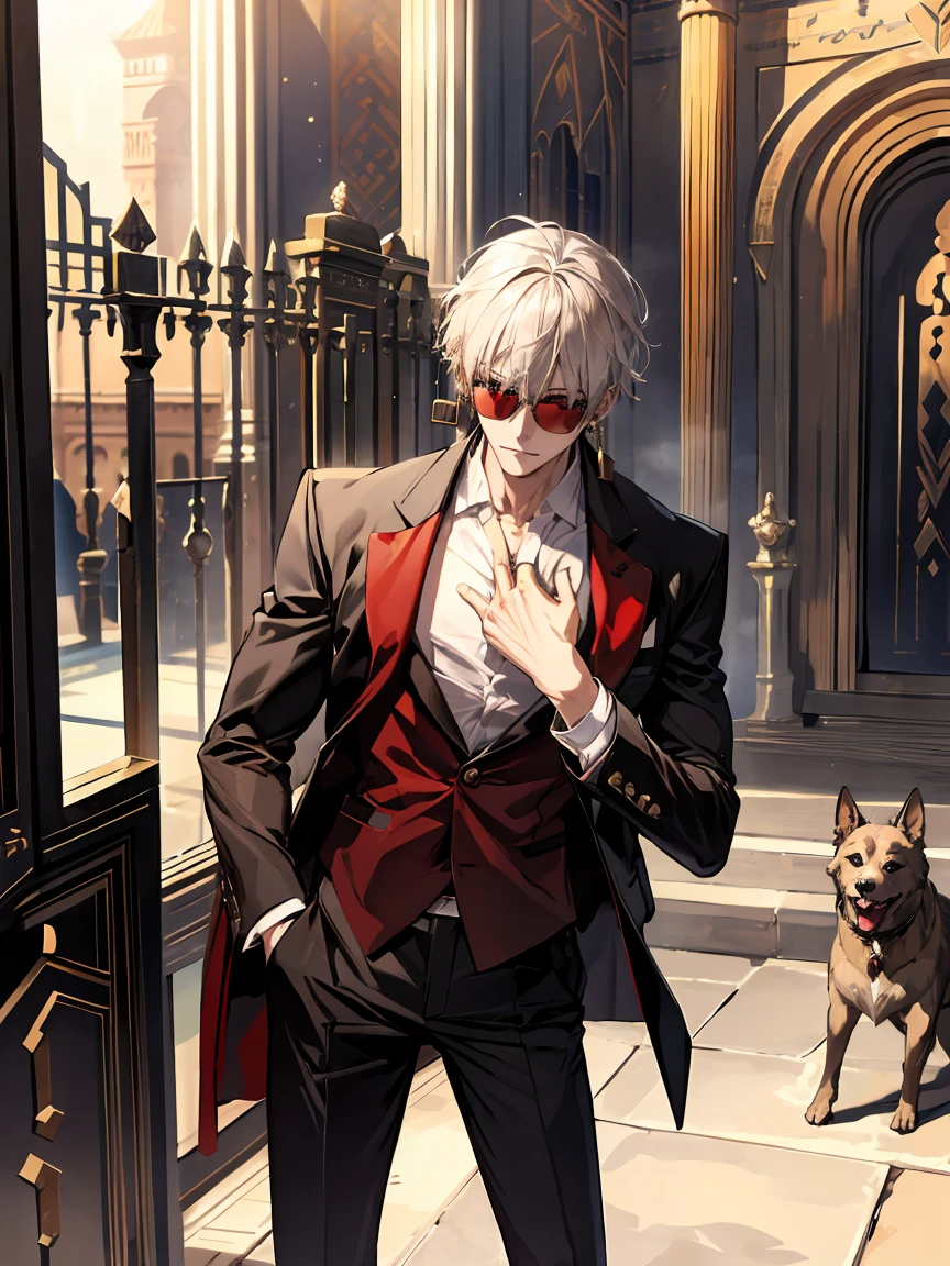 Absurd, High resolution, Super detailed, High resolution) masterpiece, Highest quality, Gilgamesh, Gray Hair, Expressive red eyes, Black sunglasses,alone, male, good looking, Firm chest, suit, dog earrings, jewelry, Gate of Babylon