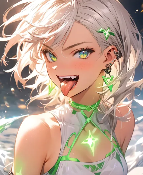 tongue，gal，earrings，green,luminous tattoo,silver hair