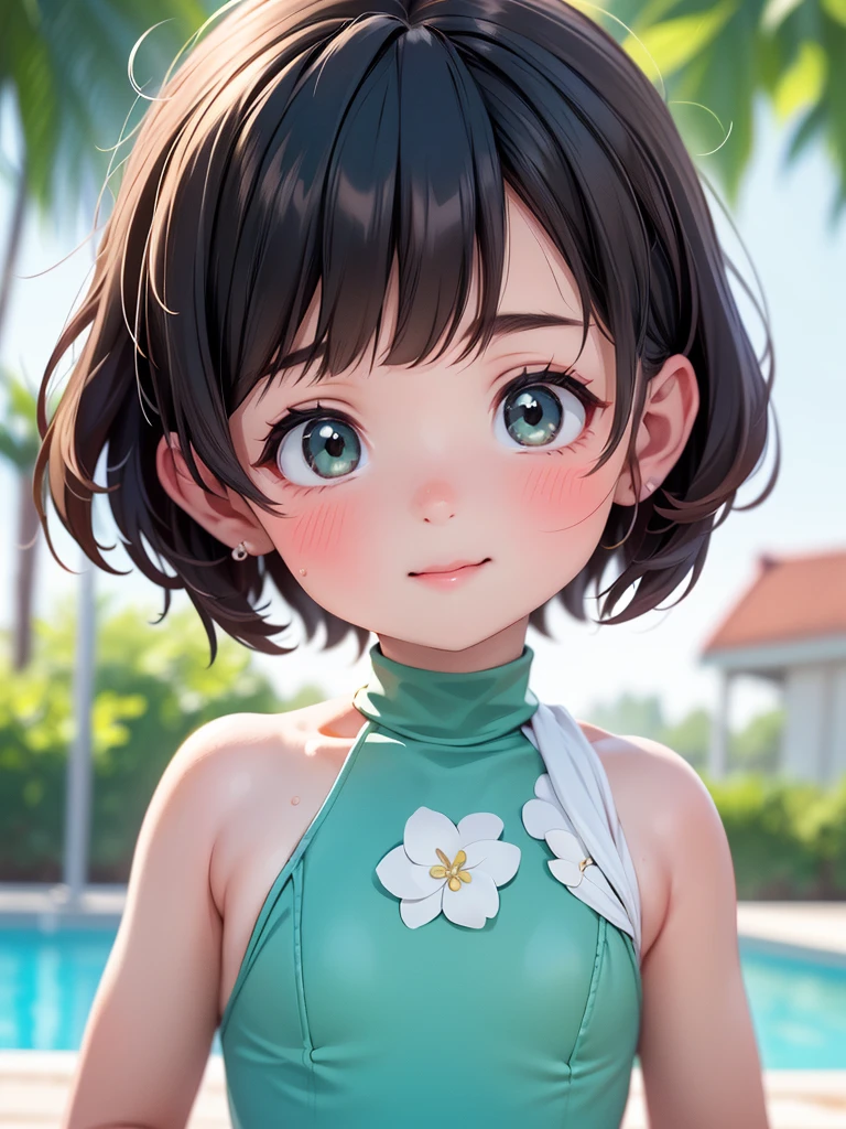 Highest quality、High resolution、Detailed Background、(Beautiful face in every detail:1.4)、Anatomically correct、(Detailed facial expressions)、(Fine grain:1.2)、Teenage Beauty、Cute hair colour、Braided bob cut、Junior competitive swimmer, ((Turtleneck one-piece swimsuit)), Clear metallic green swimsuit, Small breasts、Perfect body line、Thick thighs、((Full body shot)), View your viewers, Poolside, Wet Skin, School swimming pool、 I&#39;m tired from practice and a little sleepy., Gentle smile、Hands behind the body, ((armpit)), Fun atmosphere、Cute gestures