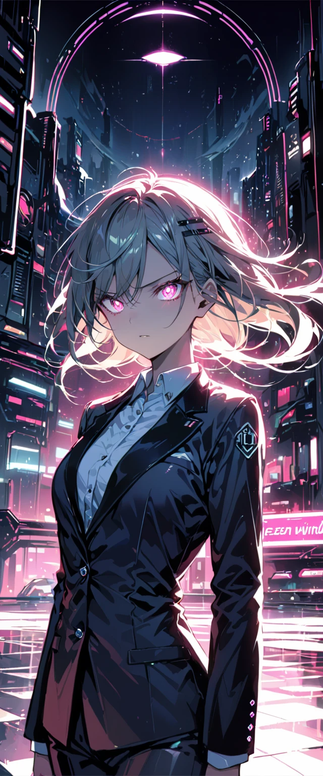 16K, High resolution, RTTX 10.0, Ray Tracing, Natural light, Absurd, Top quality masterpiece, Perfect anatomy and highly detailed face, Fine grain, One girl, alone, Wearing a business suit, shirt, Open the top button, Beautiful Hair, very beautiful, Edgy, nice, Evil Aura, the wind is strong, Glowing Eyes, Serious expression, dystopian city, Futuristic, Detailed Background, Awards, Neon Light, Talked about at the art station