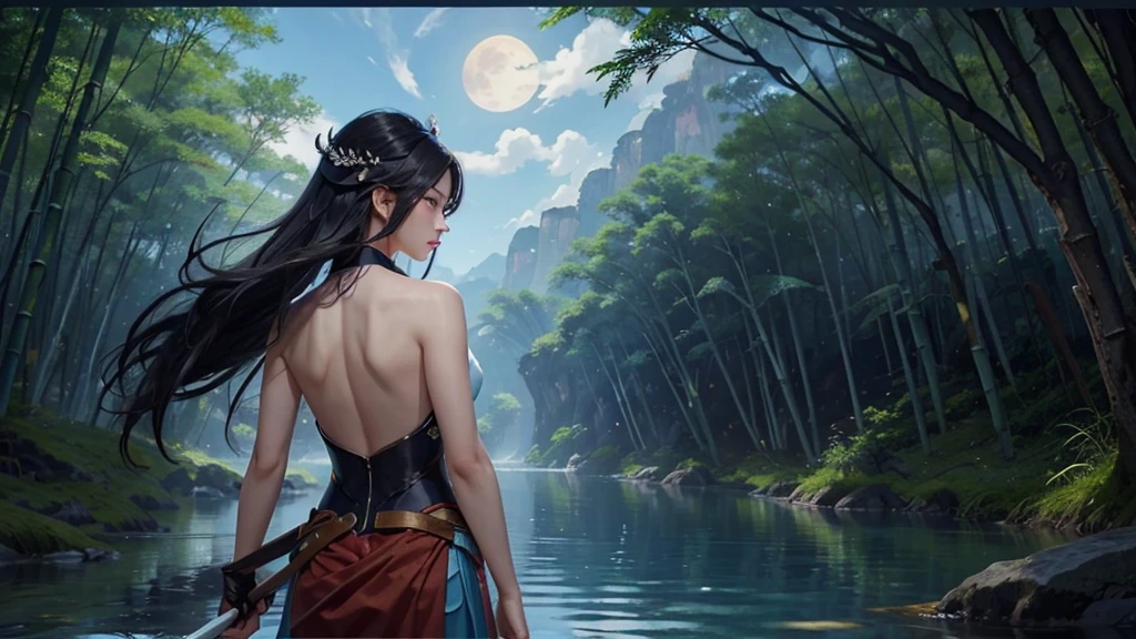 The back view of Lu Xueqi in a water blue dress standing in the bamboo forest，Backhanded long sword, An ethereal still painting, She gazed at the huge full moon，The shadows of the moon and the clouds intertwined, Anime screenshots, Screenshot from the Zhu Xian anime, Moon Goddess, Animation screenshots, Ethereal Anime, Animation screenshots, Cloud Goddess, Waist-length black hair sways in the wind，8k quality, Super sharp, Detailed pictures Most detailed、The clearest, detailed light background,Ultra-delicate face