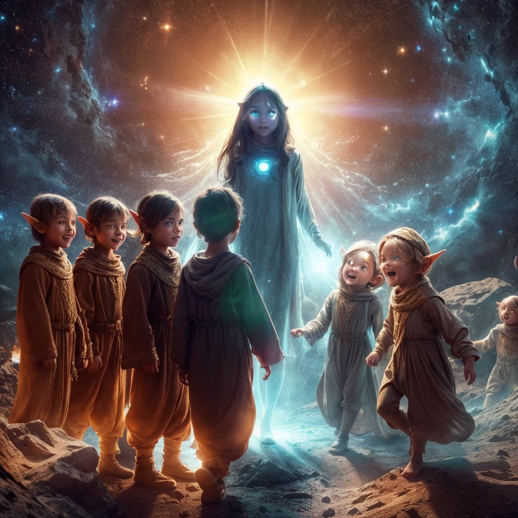 Complete and real image. On a planet in another galaxy there are 3 beautiful elves resembling children, dressed in very baggy clothes, they laugh mischievously and curiously, observing a dark-skinned woman who is standing fearfully in front of them and radiating white light. Photorealism, full view, very detailed image, very realistic, hyperrealism, Ultra HD, 8k, 5, sharp focus, intricate and mysterious masterpiece.(Long exposure photography Highly detailed close-up portrait art illustration: final quality, medium shot, backlit, rich and striking. Enigmatic and mysterious manipulations (rule of thirds composition), ((detailed environment with strong lines) The best quality, in camera, white light, warm and clean aesthetics, dazzling screen composed of millions of bright ultraviolet rays, HDR.