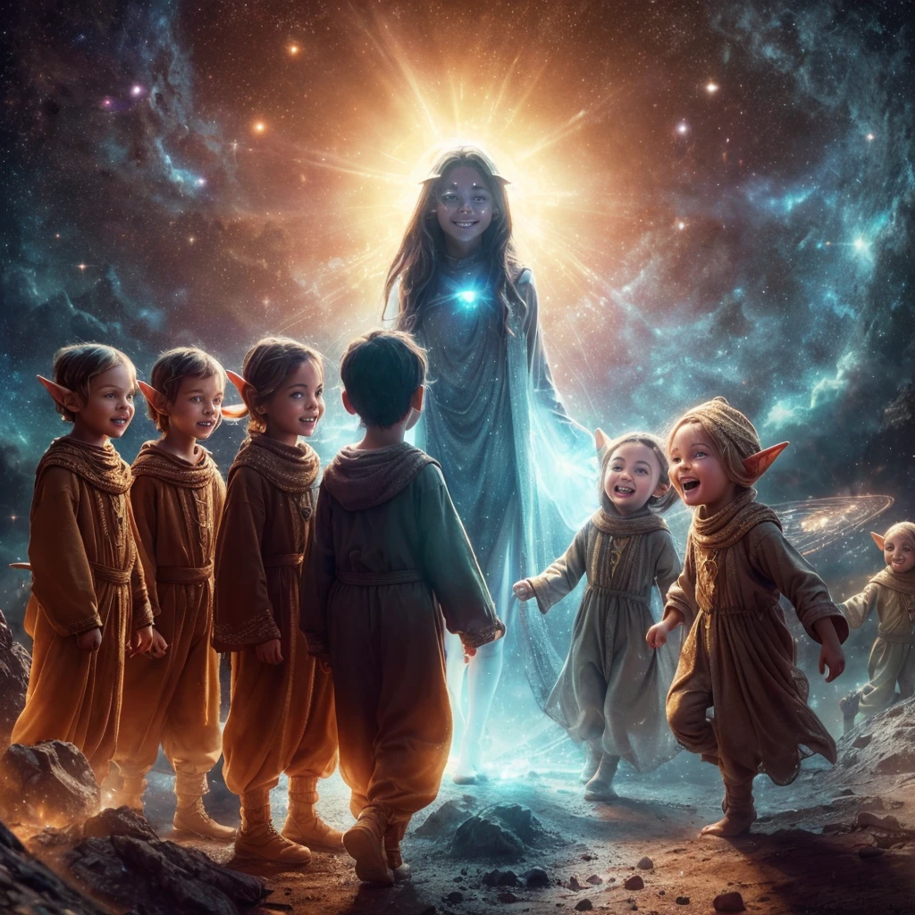Complete and real image. On a planet in another galaxy there are 3 beautiful elves resembling children, dressed in very baggy clothes, they laugh mischievously and curiously, observing a dark-skinned woman who is standing fearfully in front of them and radiating white light. Photorealism, full view, very detailed image, very realistic, hyperrealism, Ultra HD, 8k, 5, sharp focus, intricate and mysterious masterpiece.(Long exposure photography Highly detailed close-up portrait art illustration: final quality, medium shot, backlit, rich and striking. Enigmatic and mysterious manipulations (rule of thirds composition), ((detailed environment with strong lines) The best quality, in camera, white light, warm and clean aesthetics, dazzling screen composed of millions of bright ultraviolet rays, HDR.