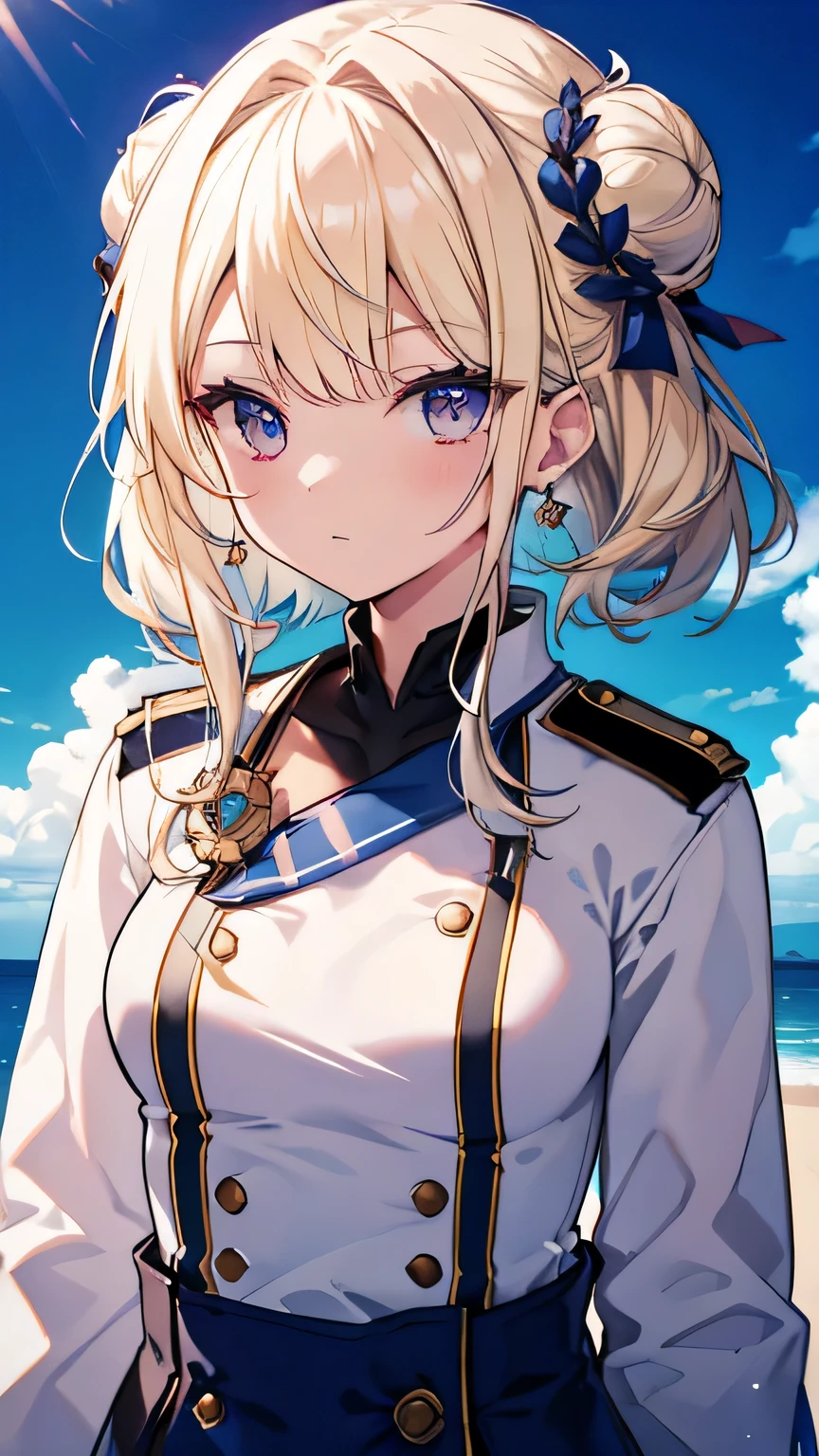 Royal Navy, Horatio Nelson, Admiral, on board, warship, clear skies, aboard a warship at sea, commander, naval uniform, blonde hair, hair bun, raised eyebrows, upturned eyes, earrings, cinematic lighting, pov, ((masterpiece)), (super detail), textured skin, high quality, highres