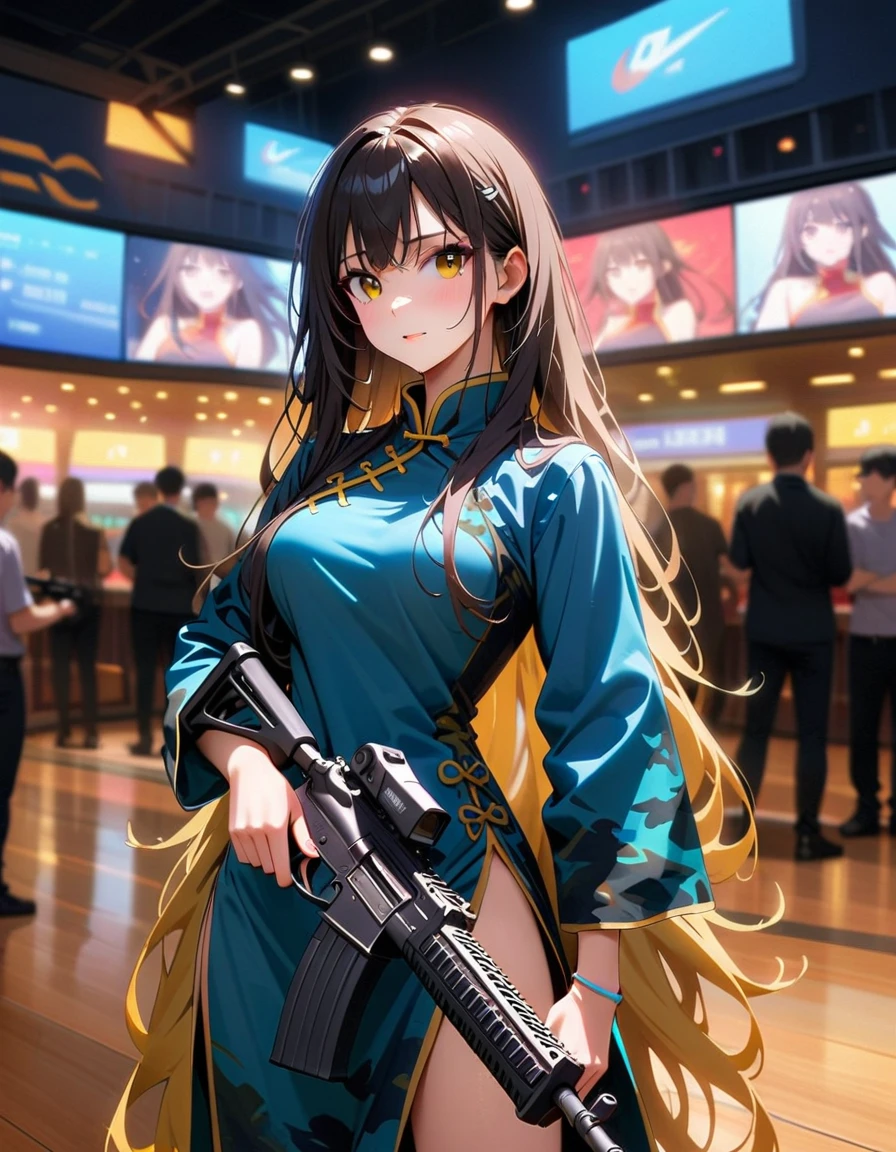 Young beautiful woman_Focused，Robot with long flowing hair(Night camouflage_Chinese Clothing:1.9)，(assault rifle high speed shooting:1.7)，(motion blur effect:1.5)，Chaos in the casino，crazy，destroy，(Best quality，4K，8K，high resolution，masterpiece:1.2)，Ultra Detailed，(reality，reality感，reality感:1.37)，Detailed facial features，Intricate clothing patterns，Striking pose，Dramatic lighting，Film composition，Vibrant colors，And the dystopian atmosphere，