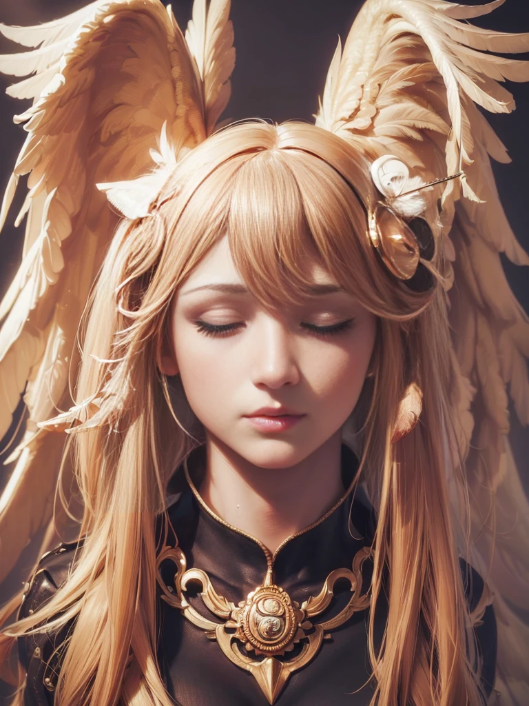 (The best quality at its best,4K,8K,High resolution,masterpiece:1.2),Super detailed,(Actual,Realistically,Realistic:1.37),Angel Beast,Blindfold，feather ears,whole body,huge 