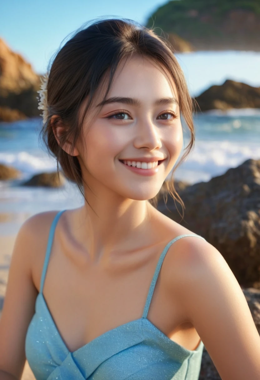 (best quality,4k,8k,highres,masterpiece:1.2),ultra-detailed,(Ultra-realistic, photorealistic,photo-realistic:1.37), 1 beautiful young Japanese Italian half model, 17yo, smiling seductively, sitting on coral coast in Australia, detailed eyes, high nose, blue eyes, delicate facial features, long eyelashes, peaceful expression, red dress, detailed folds and textures, Sparkling Waves, warm vibrant colors, cinematic lighting, 8k, high quality, photorealistic, masterpiece, studio lighting, detailed texture, vivid colors