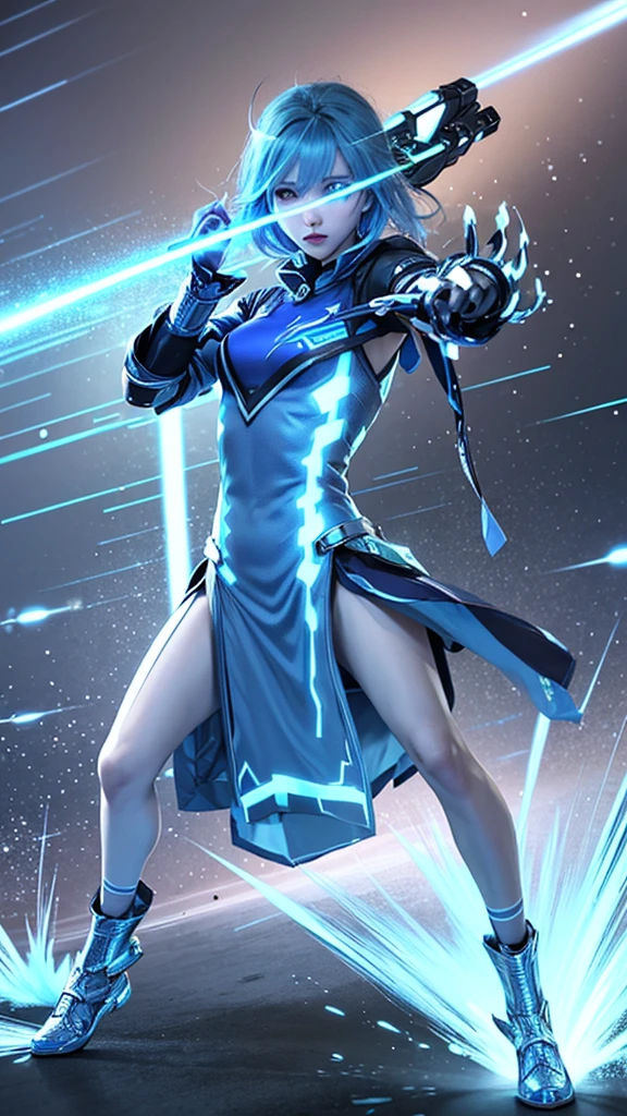 real、Lightning aura、Lightning Energy、Fighting Pose、Blue Hair、cyber punk、Thunder in the background、whole body、Lightning costume、Fighting face、High quality, Ultra detailed, best quality, insanely detailed, beautiful, masterpiece