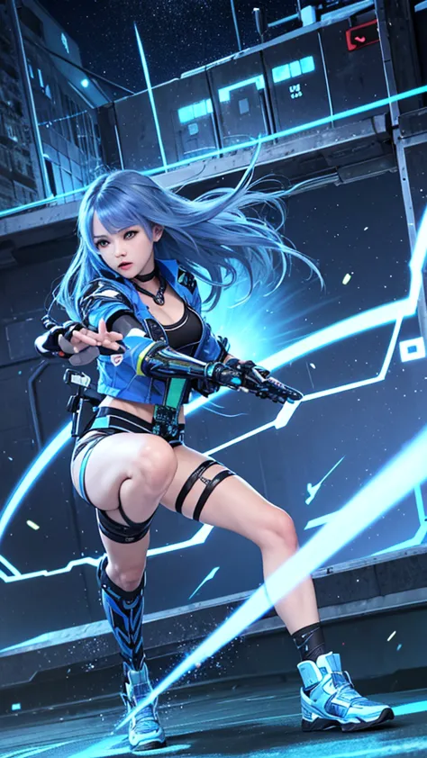 real、Lightning aura、Lightning Energy、Fighting Pose、Blue Hair、cyber punk、Thunder in the background、whole body、Lightning costume、F...