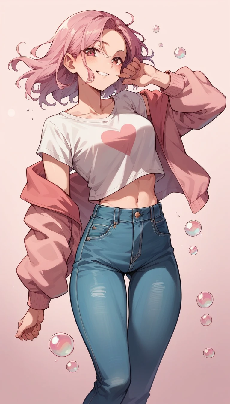 Image of marin kitagawa wearing a pink top and blace jeans, there is a gradient pink background with bubbles flying all over