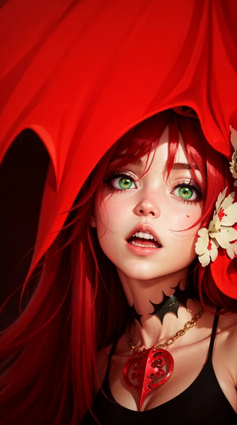 woman, anime girl, vampire, red hair, devil eyes, green hair, gothic art, modern, anime, realism, pop art, art nouveau, masterpi...