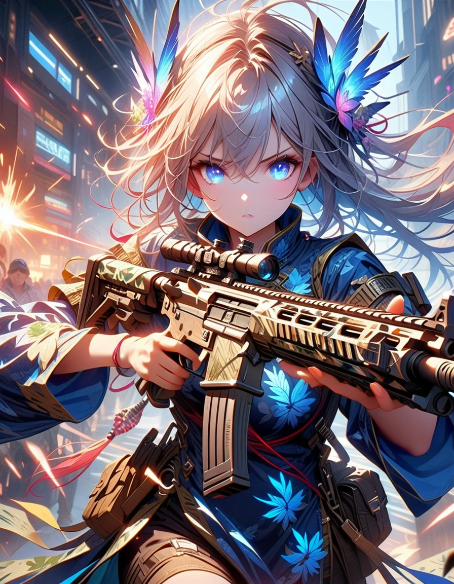 Young beautiful woman_Focused，Robot with long flowing hair(Night camouflage_Chinese Clothing:1.9)，(assault rifle high speed shooting:1.7)，(motion blur effect:1.5)，Chaos in the casino，crazy，destroy，(Best quality，4K，8K，high resolution，masterpiece:1.2)，Ultra Detailed，(reality，reality感，reality感:1.37)，Detailed facial features，Intricate clothing patterns，Striking pose，Dramatic lighting，Film composition，Vibrant colors，And the dystopian atmosphere，