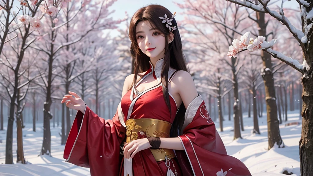 Hermosa chica con cabello largo y castaño, ojos marrones brillantes, dulce sonrisa, piel blanca como la nieve,Her long hair is decorated with red mulberry flowers 🏵️,La niña vestía un sencillo hanfu blanco con una tela roja atada a su cintura., Entorno de bosque lleno de moreras ,flores de sakura, Hermosa apariencia oriental en un simple hanfu ,