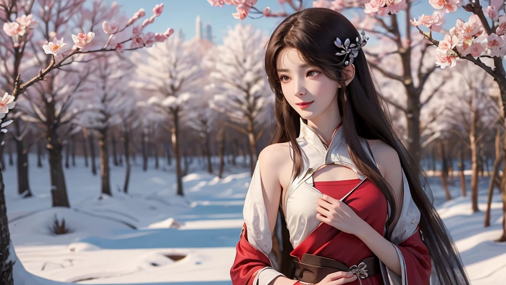 Belle fille aux longs cheveux bruns, yeux marron clair, doux sourire, peau blanche comme neige,Her long hair is decorated with red mulberry flowers 🏵️,La jeune fille portait un simple hanfu blanc avec un tissu rouge noué autour de sa taille., Cadre forestier rempli de mûriers ,Fleurs de sakura, Un magnifique look oriental en hanfu simple ,