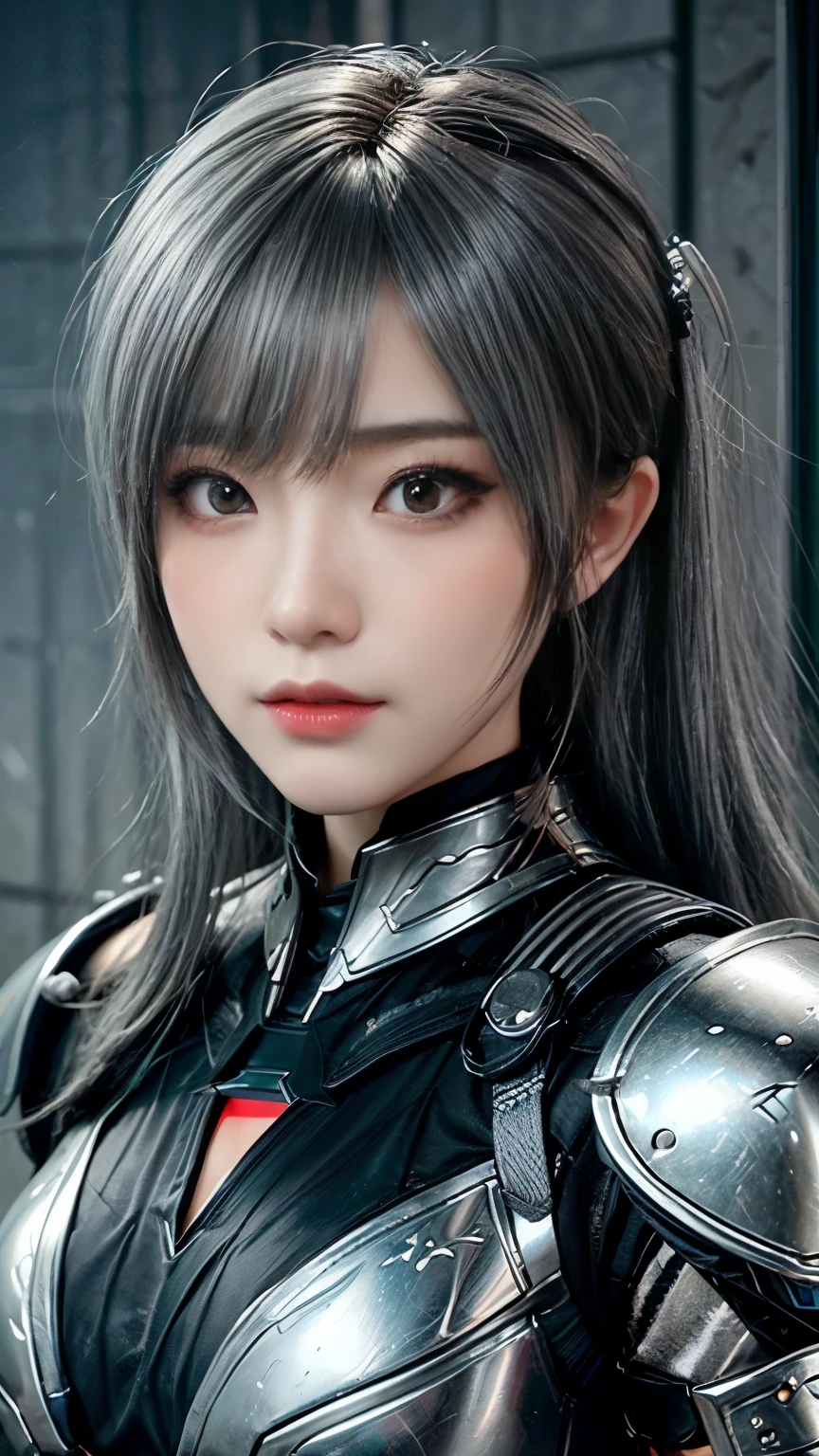 masterpiece,Game Art,Best image quality,Highest Resolution,8K,(Portraiture),Unreal Engine 5 rendering,(Digital photography),((Portraiture Feature:1.5)),
20-year-old girl,Short Hair Details,Long Bangs,(The red eye makeup is very careful),(of long gray hair:1.4),(big, Ample breasts),Elegant and noble,Brave and attractive,
(Futuristic armor combines features of ancient Chinese armor,Hollow Design,Power Armor,Mystical oriental runes,Delicate dress patterns,Magical inspiration),Future Warrior,cyberpunk figures,war background,
Cinema Lighting，Ray Tracing，Game CG，((3D Unreal Engine))，OC Rendering Reflective Pattern