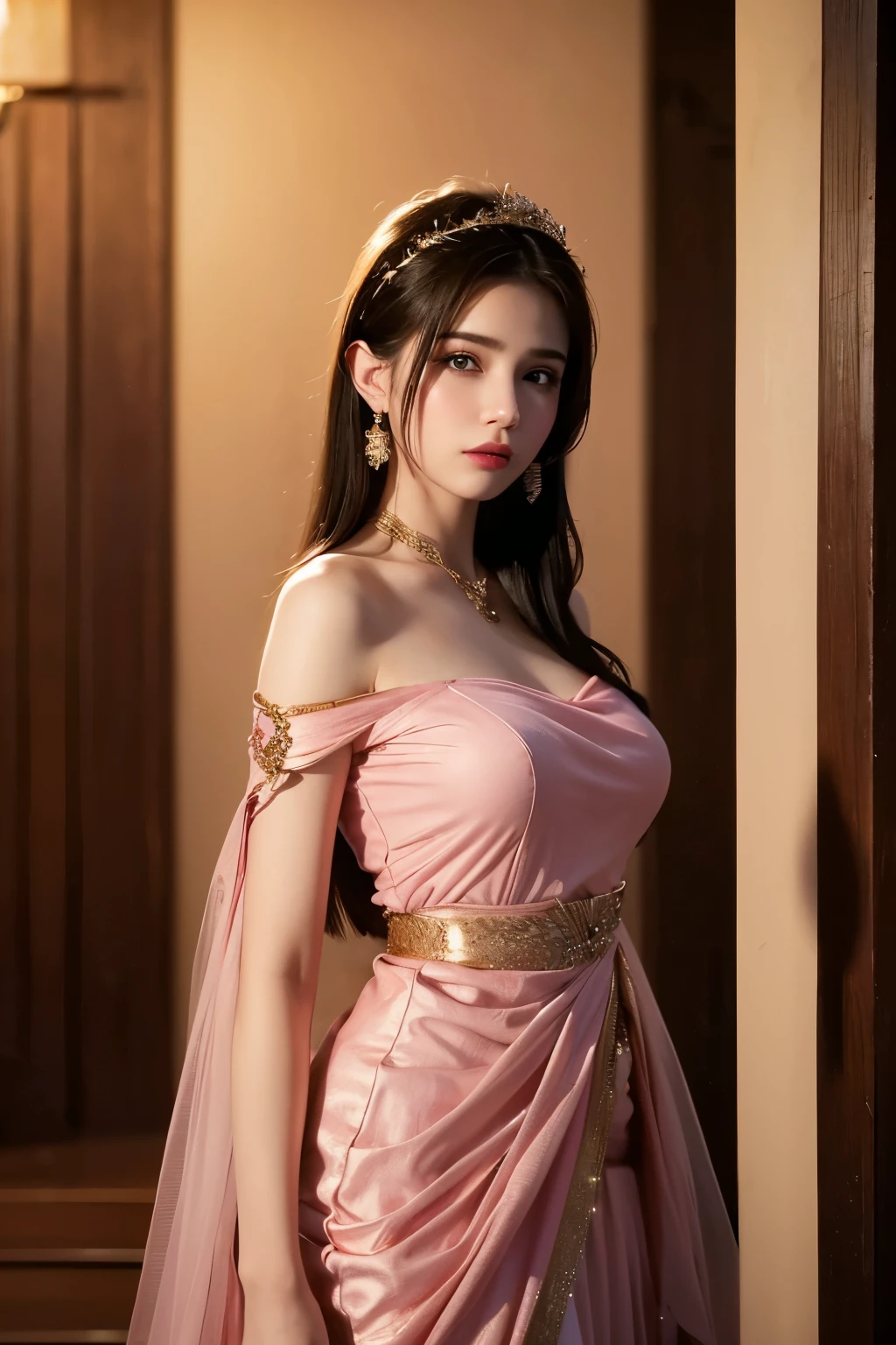 Best Quality, Masterpiece, Ultra High Resolution, (Realisticity: 1.4), Original Photo, 1girl, Pink Off-the-Shoulder, Cinematic Lighting indian dress 