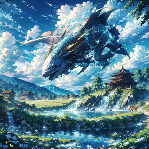 leviathan flying in the blue sky,imagine,peaceful day, detailed clouds, site, grazing cattle, flower, distant houses, fence, woo...