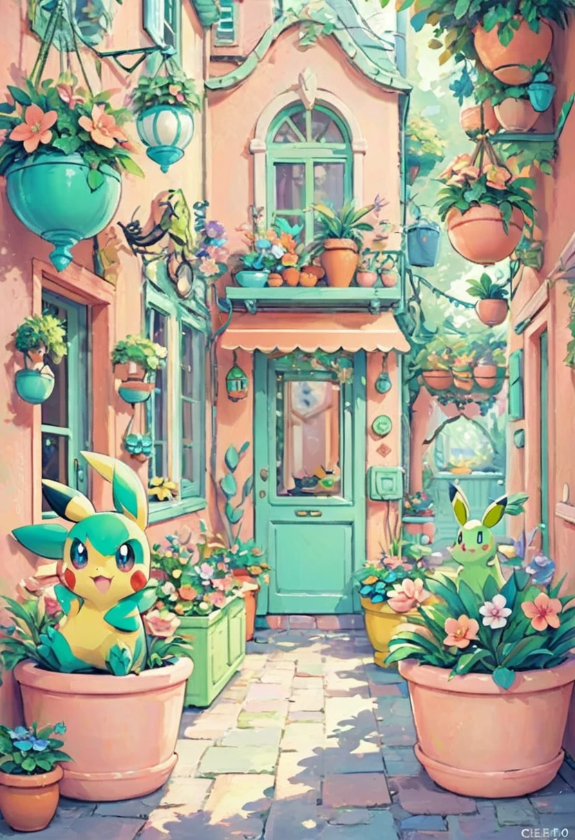 cozy scene featuring hanging planters with adorable Pokémon, adding elements of Pikachu. The planters should be filled with lush greenery and colorful flowers. Include Pikachu comfortably resting in one of the planters, alongside other Pokémon like Celebi and Snivy. Use soft pastel colors and whimsical details to enhance the charm. The background should have subtle stripes with shades of green and peach, maintaining a warm and inviting atmosphere