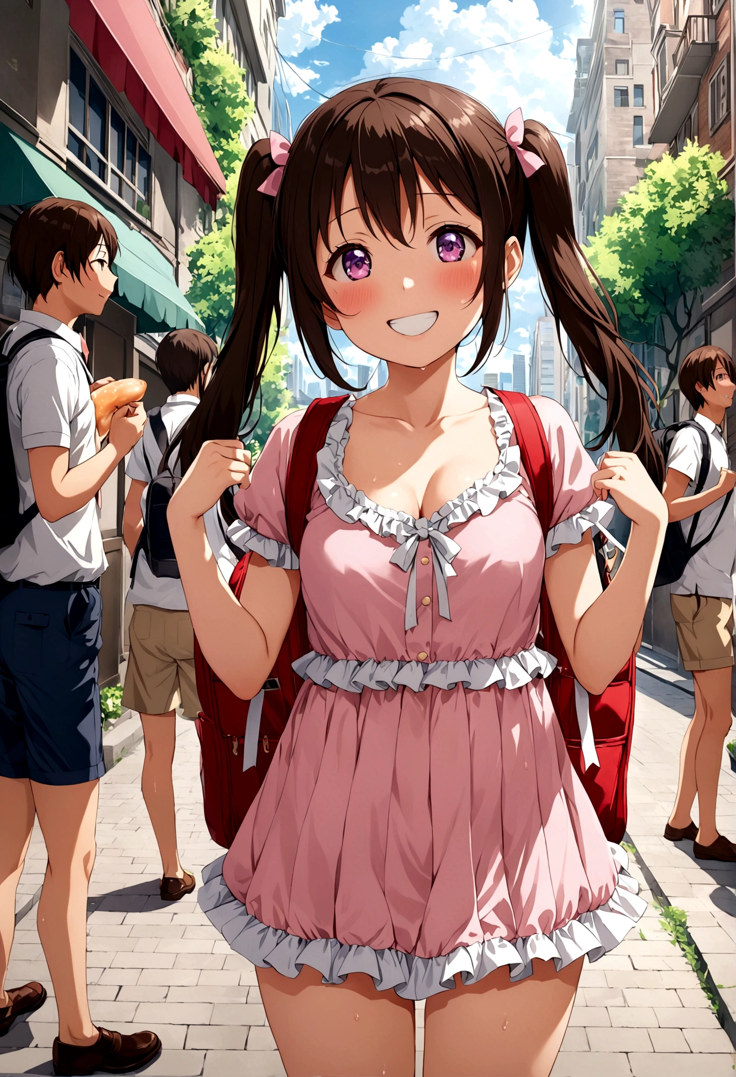 masterpiece, Highest quality, Nico_Yazawa,High resolution, 1 Girl, alone, Brown Hair, short hair, Twin tails、Purple eyes, Cowboy Shot, Frill dress, , Pink Dress, (Cleavage)、(Beautiful thighs)、city, Outdoor, garden, Carrying a red backpack, (randoseru backpack:1.2) Sweaty、Thick thighs、Highest quality、4K、1girl, 8years old, , cute, grin, 、Skirt lift striped underwear、In the city、Many passersby are surrounding the girl.、、Thick thighs、Ahegao、Men holding their penises and surrounding girls、Semen from the penis、Bukkake、Bukkake、（Bukkake）