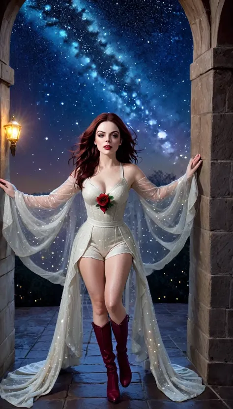 a beautiful and refined woman (Rose McGowan as Paige Matthews, from the Charmed series) standing under the starry night sky on t...