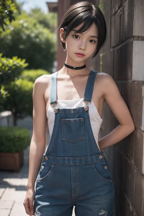 Cute boy, looks about 14 years old (short hair), height about 140 cm, wearing very short overalls over bare skin, flat chest lik...