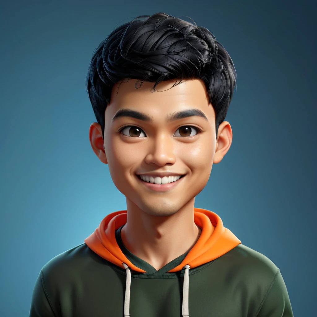Create a realistic cartoon character 3D animation of a big-headed. a 19 year old Indonesian man. She has short black pixie cut hair. His face is oval with smooth lines, thick and neat black eyebrows, small eyes, a small, sharp nose, and thin lips with a wide, friendly smile. He wore a dark green hoodie over an orange t-shirt. Gradient blue background. masterpiece, top quality, highly detailed skin and face, ultra-realistic, high definition, sharp focus, 2/3 body angle.