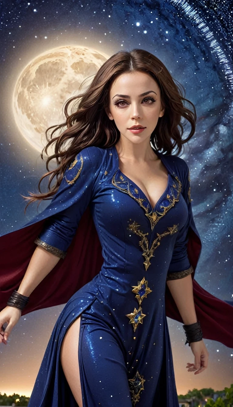 a beautiful and refined woman (Alyssa Milano as Phoebe Halliwell, from the Charmed series) standing under the starry night sky on the balcony of her monastery, action photo, dynamic angle (ultra detaild, Masterpiece artwork, best qualityer), rosto ultra detaild (ultra detaild, Masterpiece artwork, best qualityer), ultra feminine, (skin fair: 1,3), wavyhair, dynamic eye color, Cool eyes, glare eyes, olhos intensos, dark red lips, [fangs], wearing black (ultra detaild, Masterpiece artwork , best qualityer), wearing white cape (ultra detalhada, Masterpiece artwork, best qualityer), longCap, flowing cape (ultra detalhada, Masterpiece artwork, best qualityer), wearing high heel boots, sky full of stars in the background, moonligh, action photo, High details, best qualityer, 16K, [ultra detaild], Masterpiece artwork, best qualityer, (ultra detaild), fully body, ultra wide photo, fotorrealism, dark fantasy art, dark fantasy art, many stars, dark fantasy art, feeling dread. 