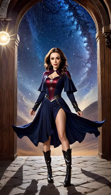 a beautiful and refined woman (Alyssa Milano as Phoebe Halliwell, from the Charmed series) standing under the starry night sky o...