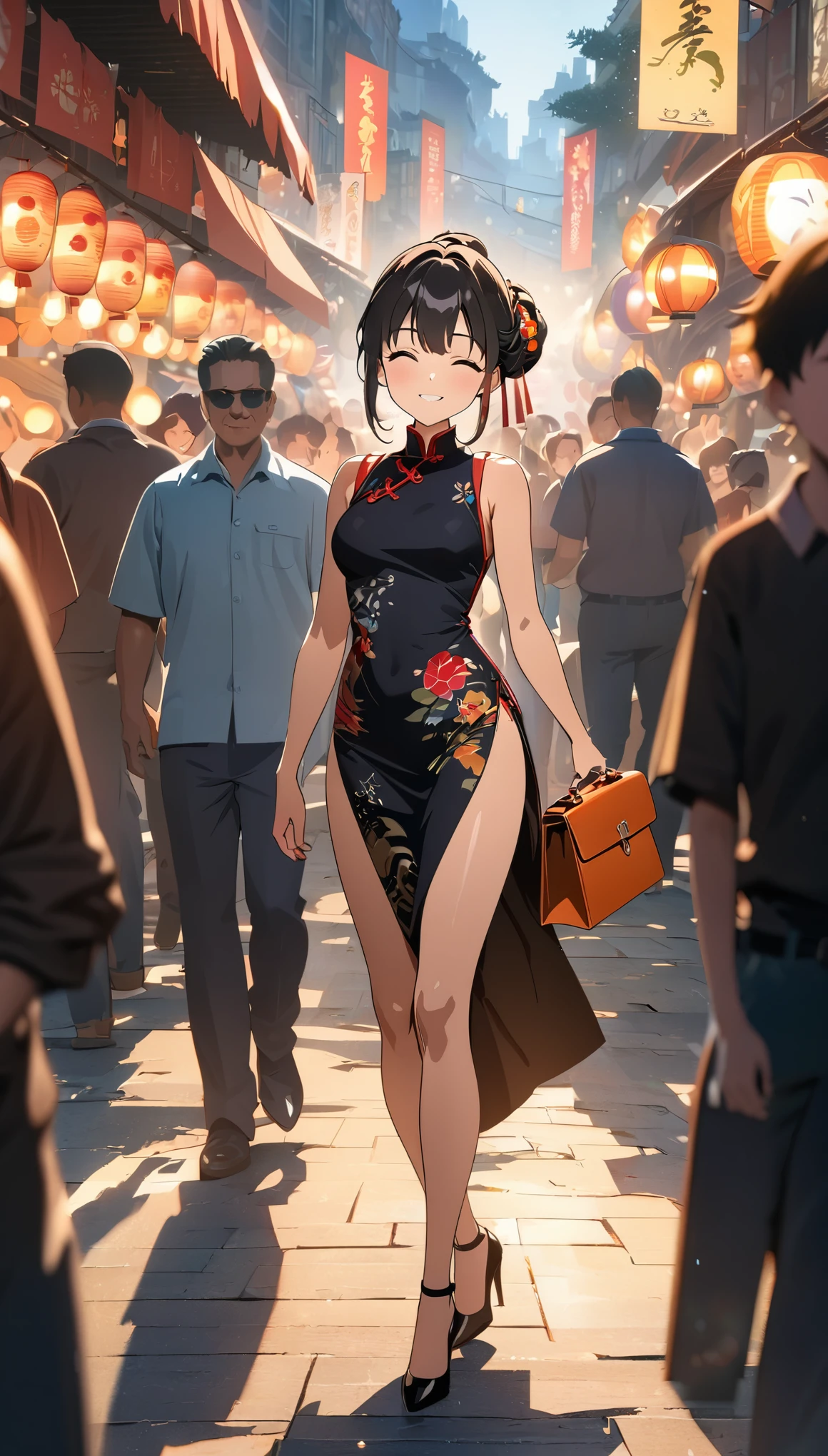 (best quality,8k,highres, masterpiece:1.2), (anime style),ultra-detailed, HDR, UHD, studio lighting, ultra-fine painting, sharp focus, physically-based rendering, extreme detail description, professional, vivid colors, bokeh, portraits, concept artists, warm color palette, dramatic lighting,Summer festival night,1 beautiful woman,(no sleeves China dress),updo, big smile, closed eyes, (The cityscape lined with the fairs of summer festivals),(beautiful hair, glowing skin,),full body,(passing crowd),(anime style),(high heels with straps),Holding a Hermès Kelly Bag