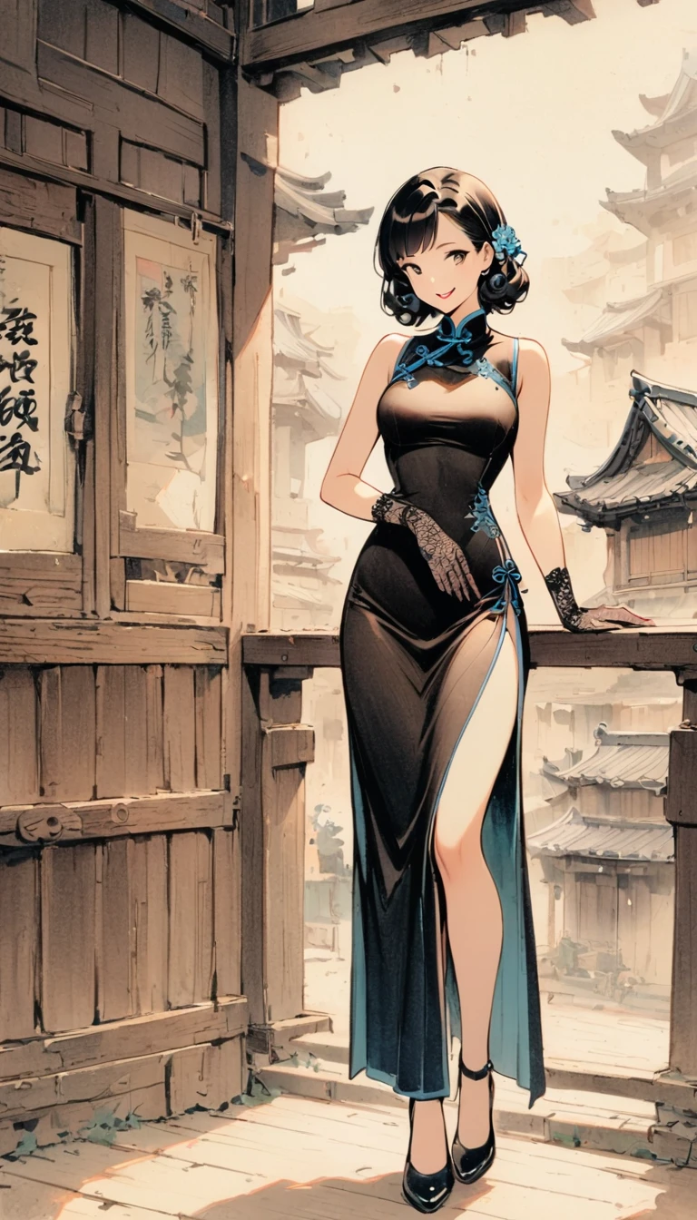 vintage风格, 1940s, 1 girl, Solitary, monochrome, Looking at the audience, Hair accessories, Cheongsam, a traditional Chinese costume, curls, traditional media, Bangs, cosmetic, Black Hair, Lipstick, Lace gloves, sleeveless, Exquisite shoes, whole body, Ancient buildings, Wooden construction, vintage, Nostalgia, Elegant Posture, Smile, Shadows and Highlights，微妙的vintage颗粒。