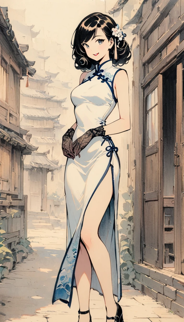 vintage风格, 1940s, 1 girl, Solitary, monochrome, Looking at the audience, Hair accessories, Cheongsam, a traditional Chinese costume, curls, traditional media, Bangs, cosmetic, Black Hair, Lipstick, Lace gloves, sleeveless, Exquisite shoes, whole body, Ancient buildings, Wooden construction, vintage, Nostalgia, Elegant Posture, Smile, Shadows and Highlights，微妙的vintage颗粒。