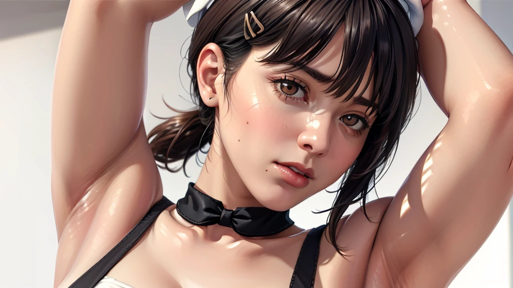 (（（Perfect body,White and tender skin,（（（Black strap dress, black long bow tie, white lining, black hat）））,（（（Kobeni Higashiyama, black hair, hair ornament, hairclip,  ponytail, short hair, (brown eyes:1.5),）））,((masterpiece)),highres,((Best quality at best)),masterpiece,quality,Best quality,(（（ Exquisite facial features,Looking at the audience,There is light in the eyes,(（（frown，Wronged））），）））,（（（Light and shadow,Huge breasts,）））,（（（Looking at the camera,White background)））)