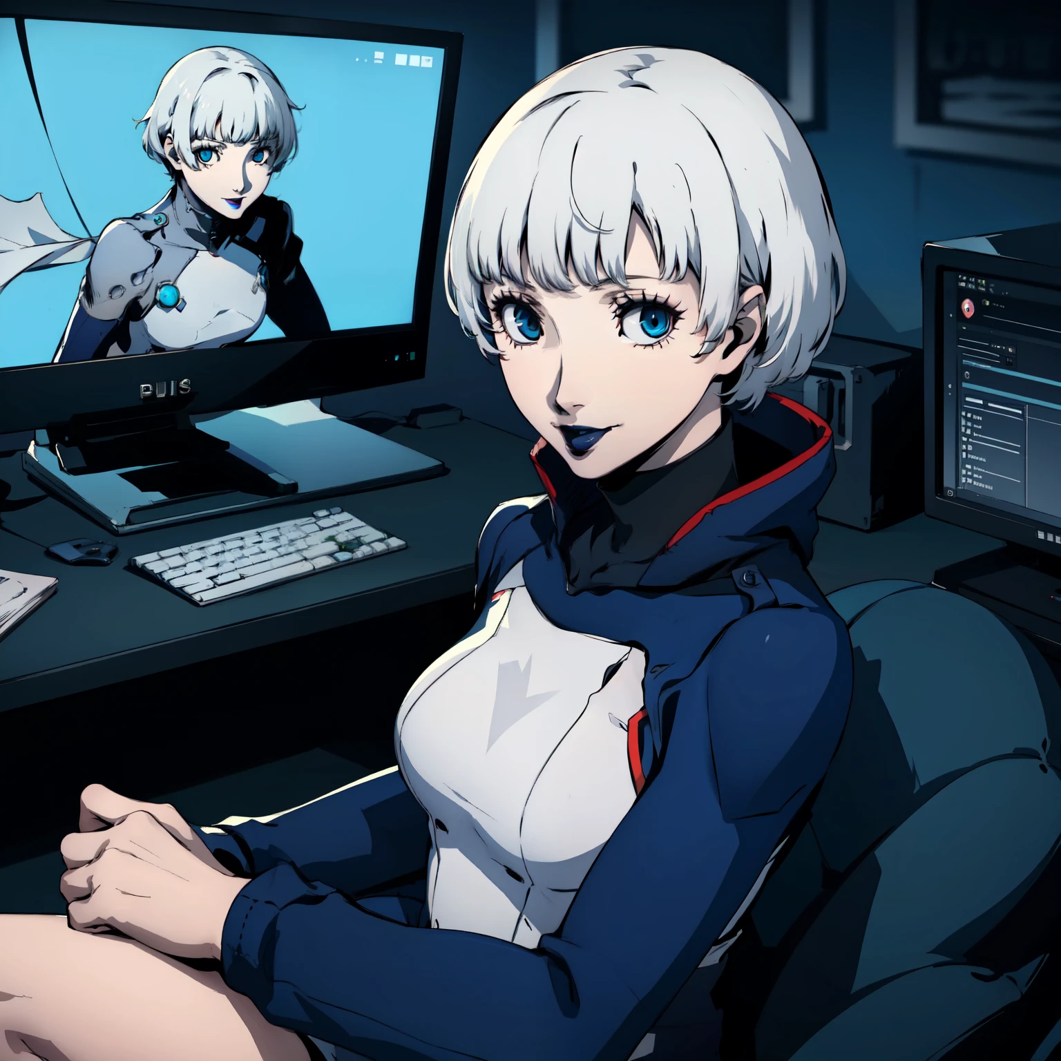 masterpiece, ((best quality)),((1 girl)), blue eyes, black lipstick, white hair, female , tomboy Pixie haircut, deep blue suit, white hair, white hair,smiling,hacker,in the,dark room,sitting,looking monitor,sexy