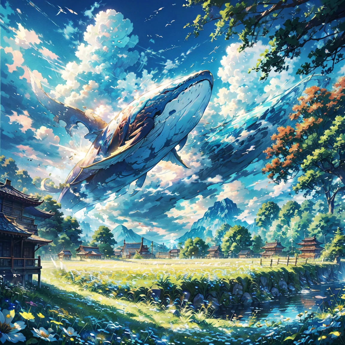 Leviathan flying in the blue sky,imagine,Peaceful day, Detailed Clouds, site, Grazing cattle, flower, Distant Houses, fence, wood,wonderful、黄色いflower