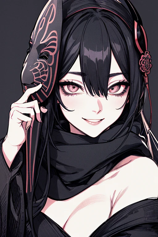 Highest quality, (Background details), High Contrast, One very beautiful woman, Detailed original illustrations、Functional、Delicate face、Ninja、Ninja costume、scarf、mask、Alluring、Villainess、sexy、Real breasts、Crazy Smile, Crazy Eyes, Head close-up, Black Robe, Black background, (Black background: 1.5), Beautiful line drawing、Monochrome