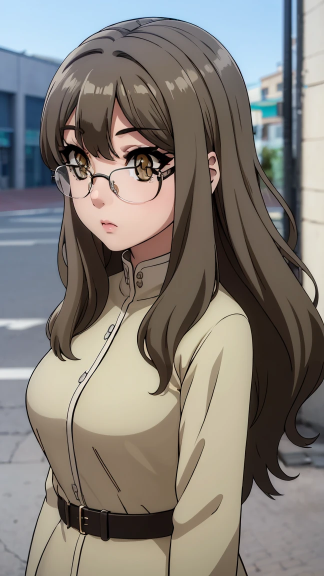 1 girl, alone,riofutaba, rio futaba, black-framed eyewear, (brown eyes:1.7), glasses, (grey hair:1.2), hair between eyes, over-rim eyewear, semi-rimless eyewear, long hair, sidelocks, wearing roman legion armor in the city of ancient rome
