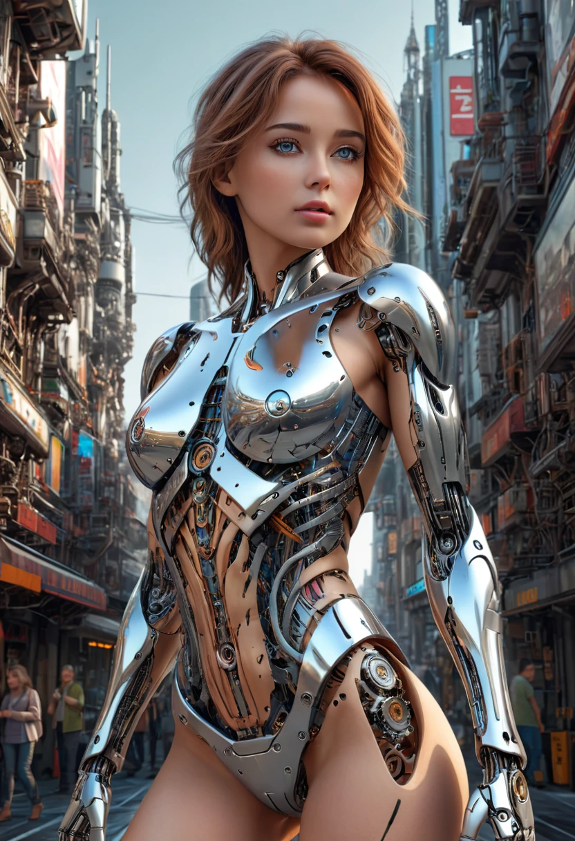 a beautiful woman-robot standing in a futuristic city backdrop, detailed intricate mechanical parts seamlessly blended with a slender, graceful humanoid form, magnificent anatomy and physique, 1/2 body crop, (best quality, 4k, 8k, highres, masterpiece:1.2), ultra-detailed,(realistic, photorealistic, photo-realistic:1.37), HDR, (intricate details:1.12), (intricate details, hyper-detailing:1.15), (natural skin textures, hyper realisitc, soft light, Sharp:1.2)