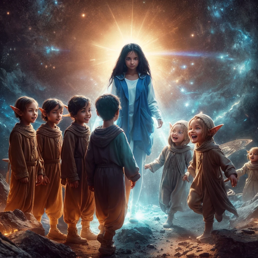 Complete and real image. On a planet in another galaxy there are 3 beautiful child-like elves, dressed in very baggy clothes, they laugh mischievously and curiously, observing a Hispanic woman with straight black hair, she is standing face-to-face fearfully, dressed in a blue sports car. and a white flannel that radiates white light. Photorealism, full view, highly detailed image, very realistic, hyperrealism, Ultra HD, 8k, 5, sharp focus, intricate and mysterious masterpiece. (Long exposure photography Highly detailed close-up portrait art illustration: final quality, medium shot, backlit, Rich and eye-catching. Enigmatic and mysterious manipulations (composition of the rule of thirds), ((detailed environment with strong lines) The best quality, in camera, white light, warm and clean aesthetics, dazzling screen composed of millions of brilliant ultraviolet rays, HDR.