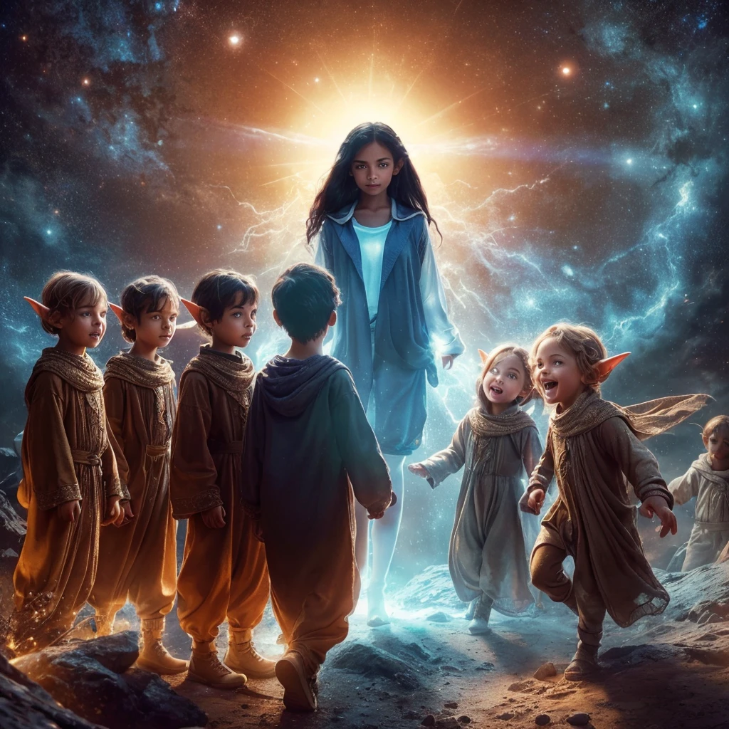 Complete and real image. On a planet in another galaxy there are 3 beautiful child-like elves, dressed in very baggy clothes, they laugh mischievously and curiously, observing a Hispanic woman with straight black hair, she is standing face-to-face fearfully, dressed in a blue sports car. and a white flannel that radiates white light. Photorealism, full view, highly detailed image, very realistic, hyperrealism, Ultra HD, 8k, 5, sharp focus, intricate and mysterious masterpiece. (Long exposure photography Highly detailed close-up portrait art illustration: final quality, medium shot, backlit, Rich and eye-catching. Enigmatic and mysterious manipulations (composition of the rule of thirds), ((detailed environment with strong lines) The best quality, in camera, white light, warm and clean aesthetics, dazzling screen composed of millions of brilliant ultraviolet rays, HDR.